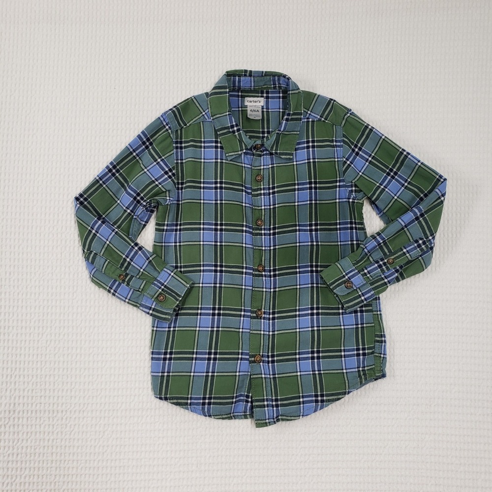 Carter's Button Down Boys 6 Green Blue Flannel Plaid Long Sleeve Preppy Classic